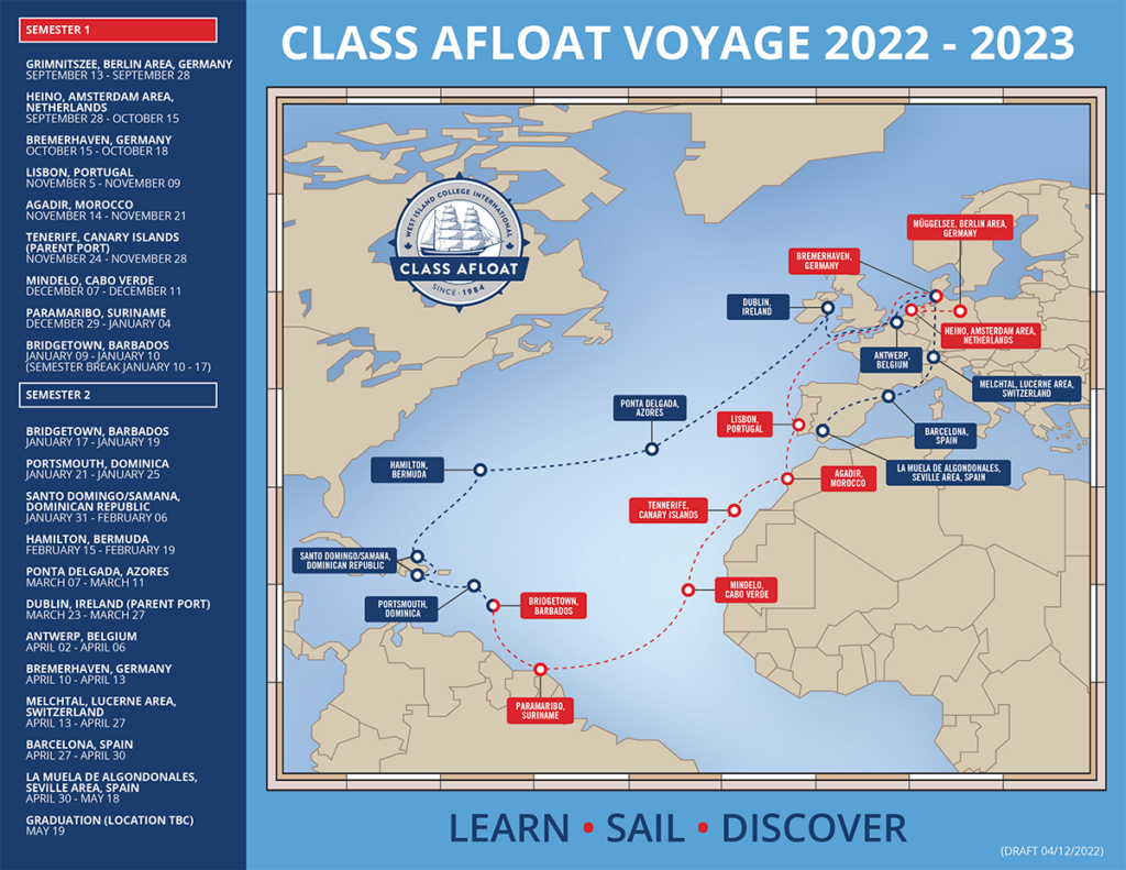 The Class Afloat voyage map for the 2022-2023, study abroad, adventure!